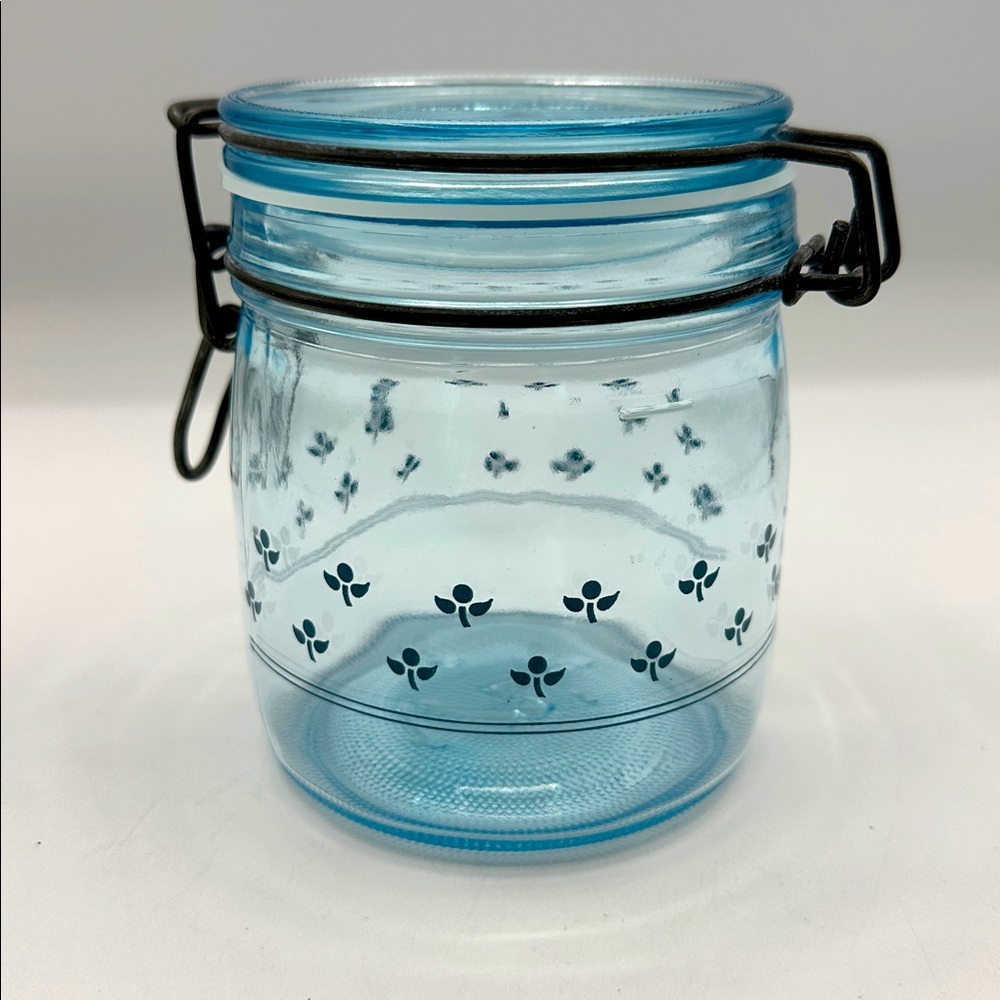 Vintage Blue Flowered Canning Jar, 1/2 Liter. Bail & wire clasp.